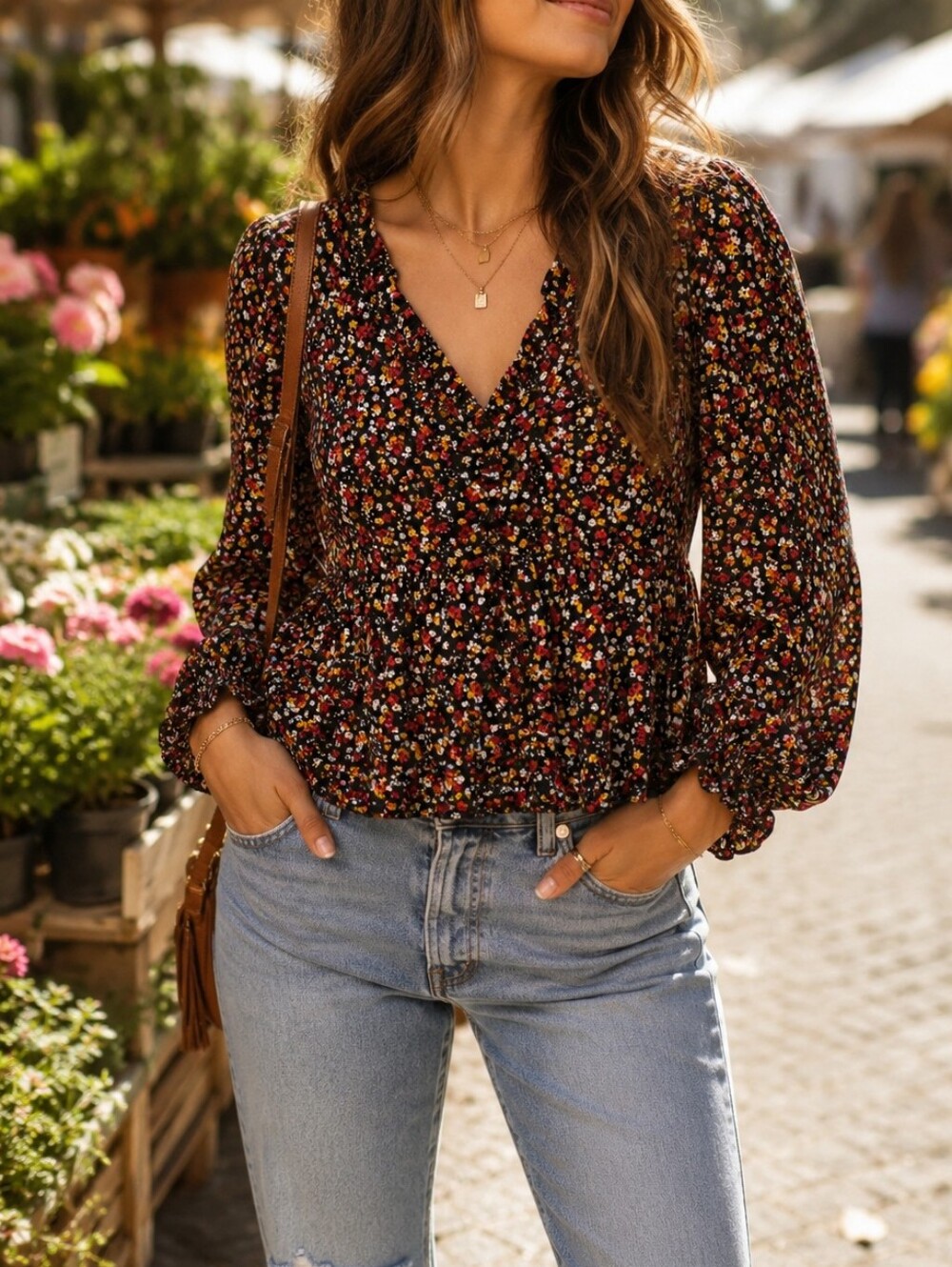 NWT Apricot Black Floral Peplum Blouse Red Yellow Ditsy Flowers Romantic Boho